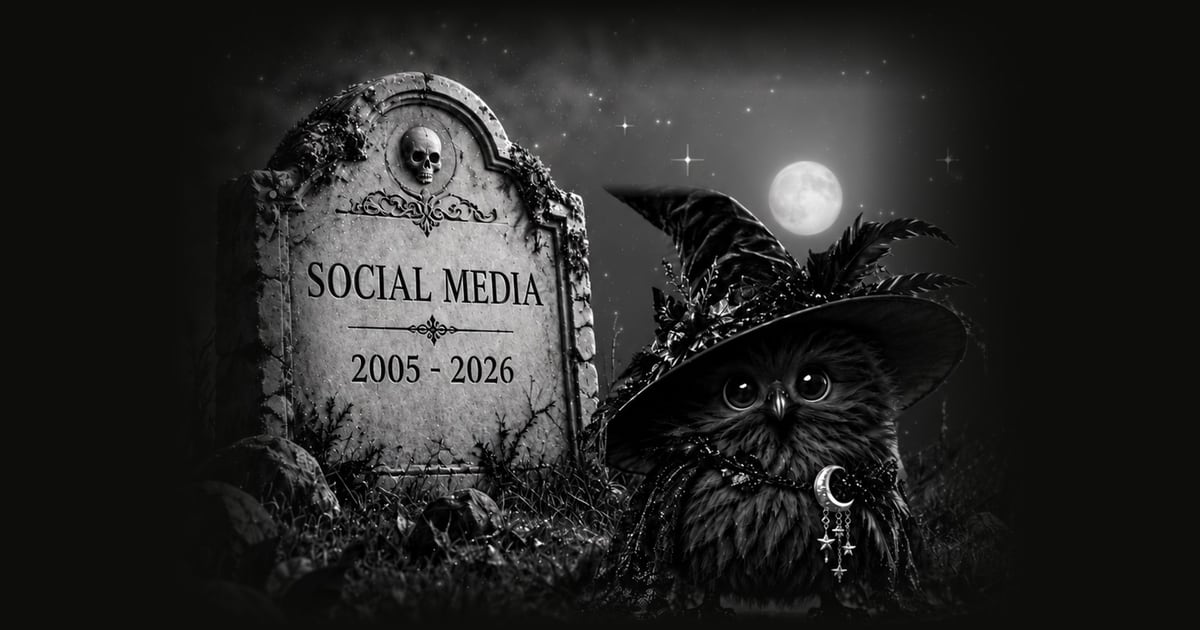 A headstone reading Social Media 2005 to 2026, with Fluffy, the Cliick mascot, in a witch hat beside it under a full moon