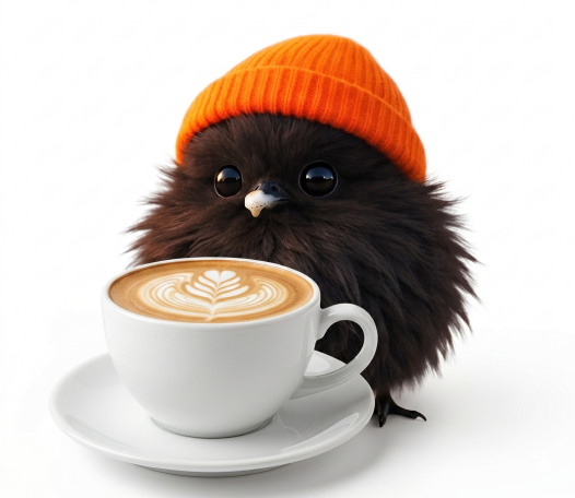 Fluffy, the Cliick mascot, wearing an orange beanie behind a latte